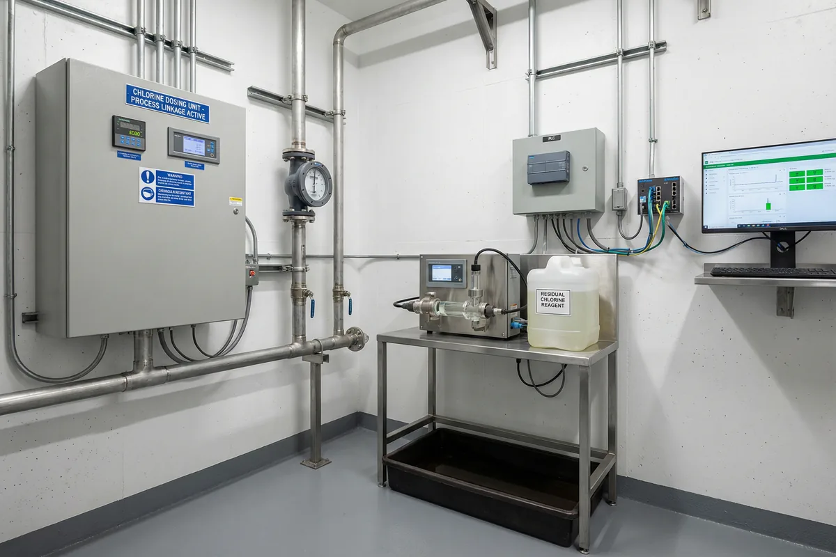 Water plant disinfection node with residual chlorine monitoring